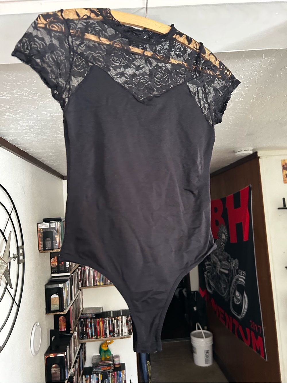 Soho Apparel Black Lace Yoke Short Sleeve Bodysuit
